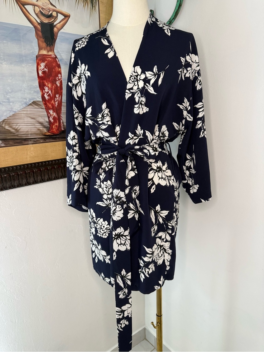 Active USA Navy Floral Wrap Robe with White Print